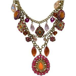 Vintage Pink Peach Colored Faceted Rhinestone 3 Tier Charm Statement Necklace